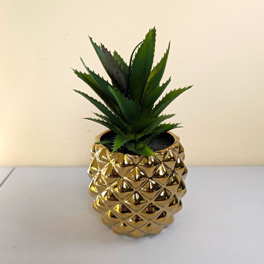 Artificial Succulent Plant in Gold Pineapple-Style Flower Pot, Plastic, 8 in